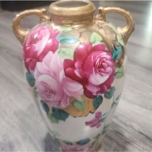 Vintage Nippon Pink Rose Dbl Handle Hand Painted Vase